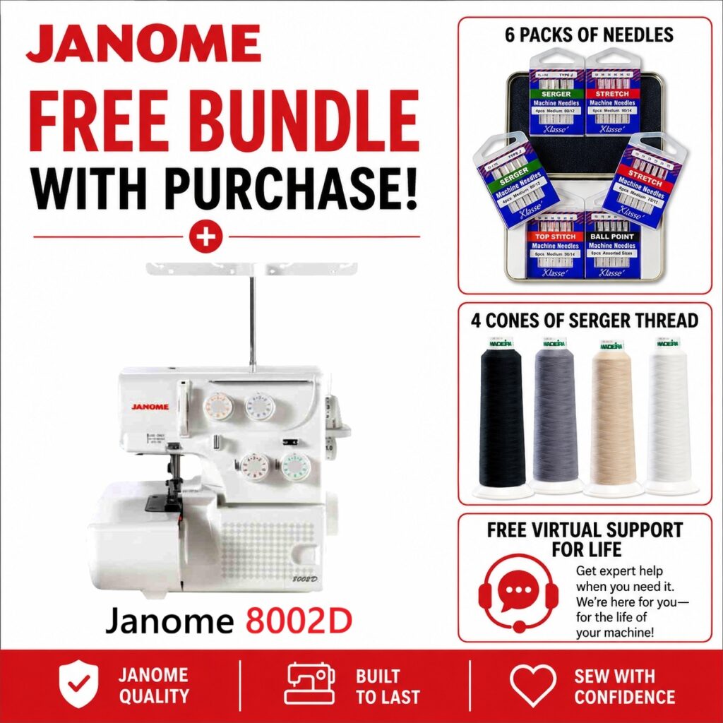 Janome 8002D serger machine bonus bundle