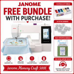Janome Memory Craft 500E embroidery machine bonus bundle