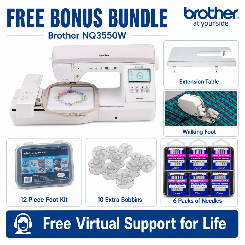 Brother NQ3550W embroidery machine bonus bundle