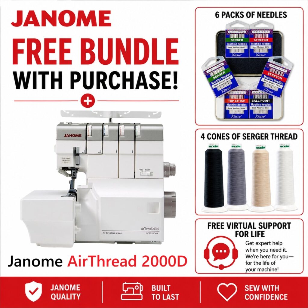 Janome AirThread 2000D serger machine bonus bundle