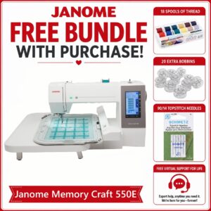 Janome Memory Craft 550E embroidery machine bonus bundle