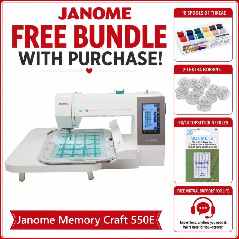 Janome Memory Craft 550E embroidery machine bonus bundle