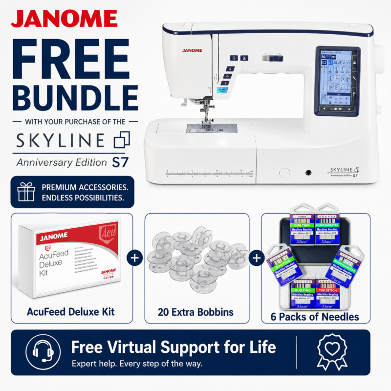 Janome Skyline S7 Anniversary Edition bundle Janome Skyline S7 Anniversary Edition sewing machine bonus bundle