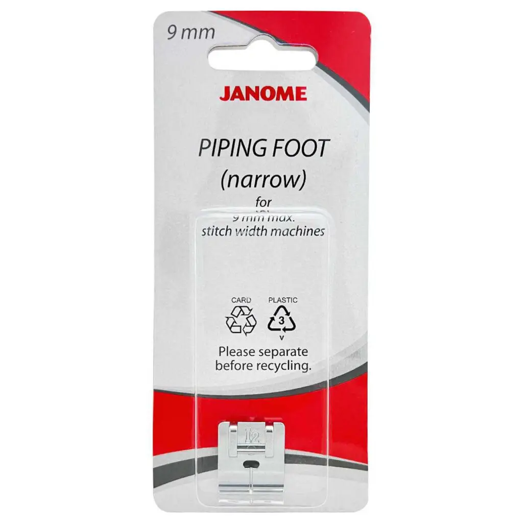 Janome Piping Foot Narrow 9mm for perfect for sewing narrow piping in garments