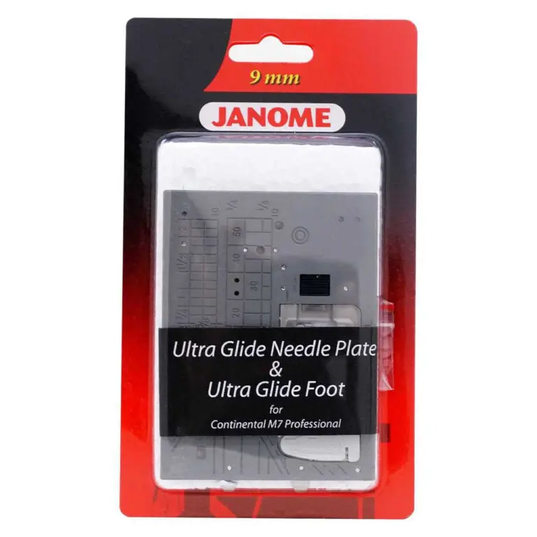 Janome Ultra Glide Needle Plate Foot Set Continental Models for reducing fabric puckering while sewing delicate materials