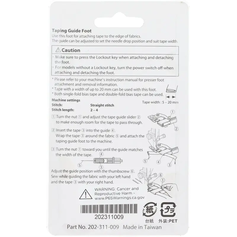 foot simplifies taping process and reduces chance of misaligned binding stitches