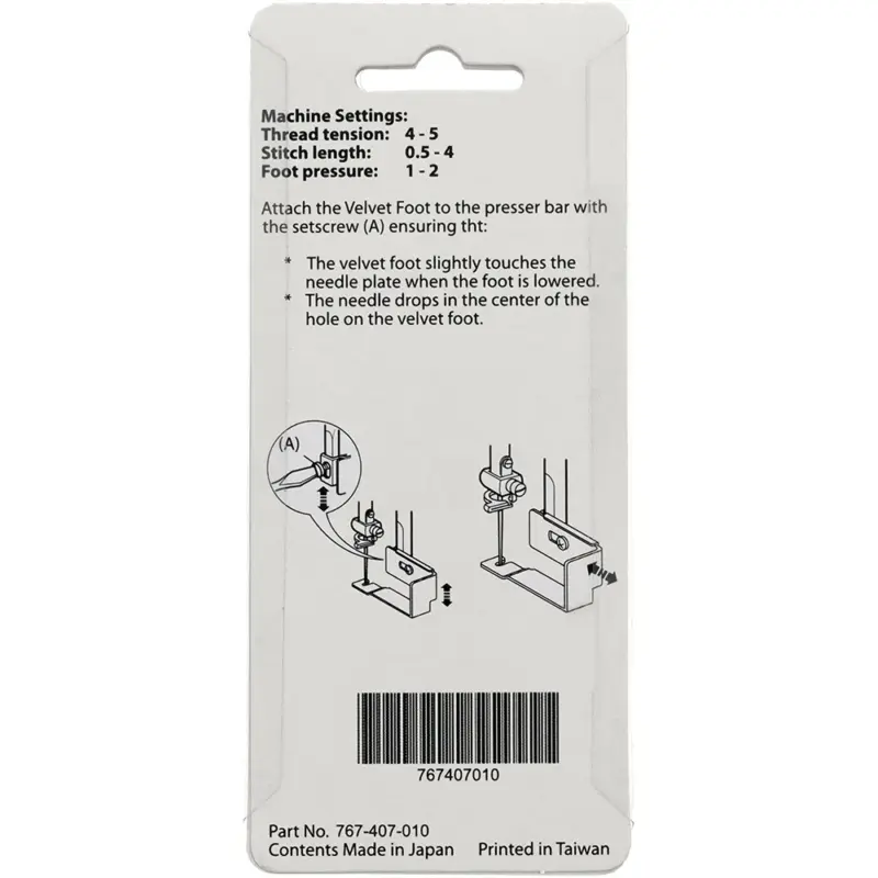 janome velvet foot reduces drag and distortion on soft pile fabrics