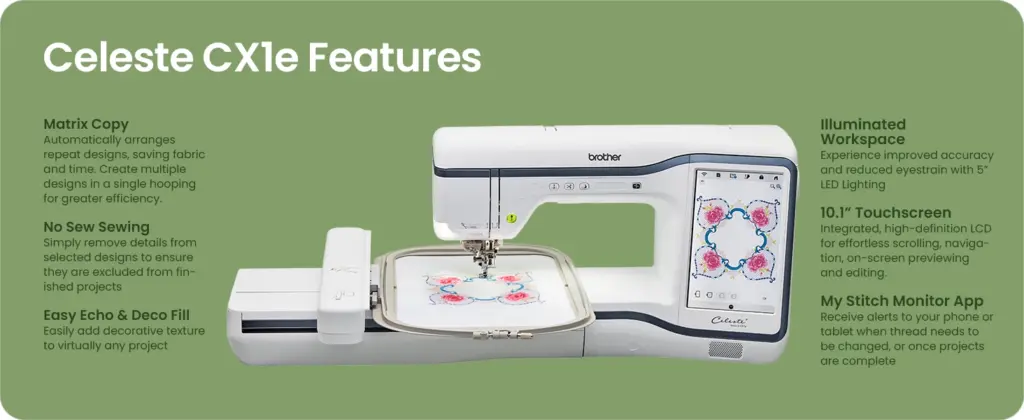 Brother Celeste CX1e Embroidery Only Machine for sale including built in floral embroidery patterns