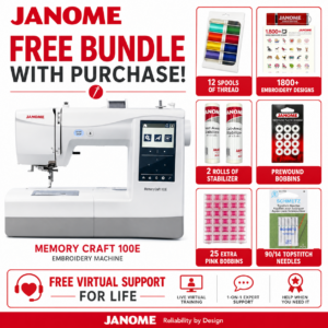 Janome Memory Craft 100E sewing machine bonus bundle