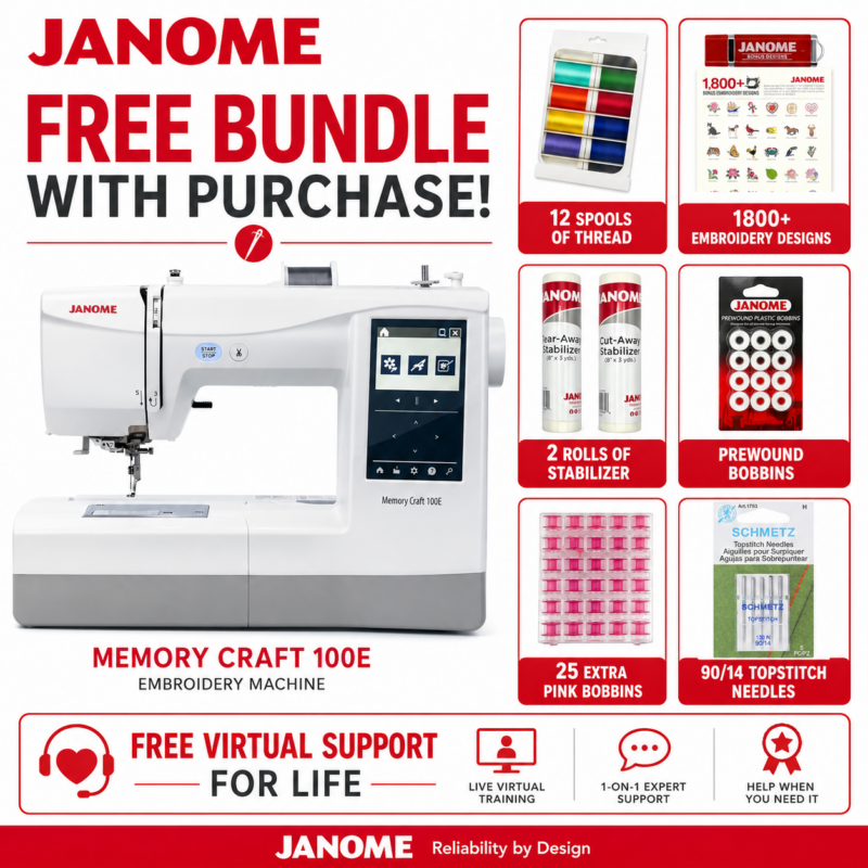 Janome Memory Craft 100E sewing machine bonus bundle