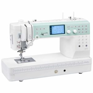 Elna Elnita EF72 computerized sewing machine with LCD screen, push button controls, and extended sewing table for quilting and garment sewing.