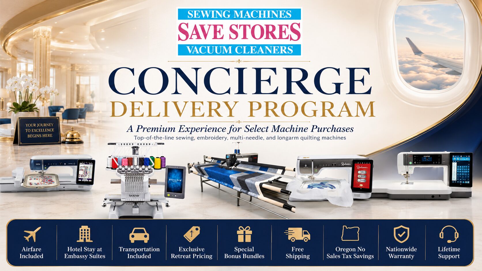 SAVE Stores Concierge Delivery Program for premium sewing embroidery multi needle and longarm quilting machines