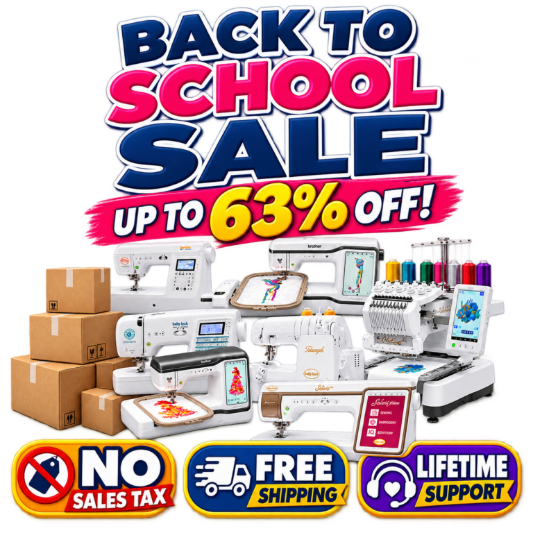 Huge sale on sewing machines, embroidery machines, longarm quilting machines and sergers.